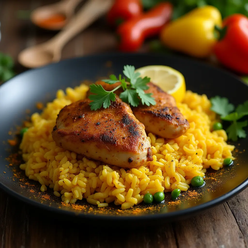 Chicken and yellow rice recipe featuring chicken thighs served on a bed of vibrant yellow rice, garnished with cilantro and lemon slices.