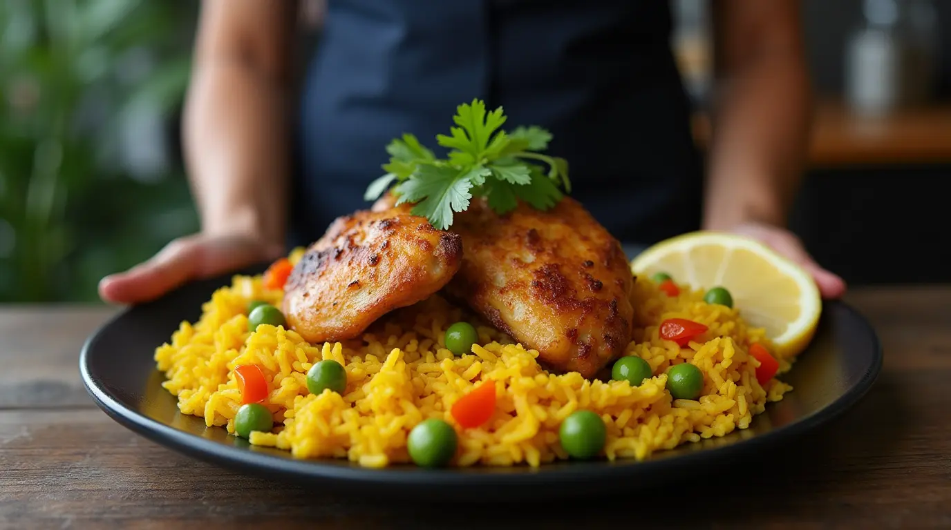 Chicken and yellow rice recipe featuring chicken thighs served on a bed of vibrant yellow rice, garnished with cilantro and lemon slices